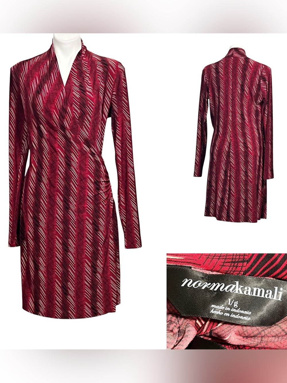Norma Kamali wrap-style dress sz L red/Black‎ geometric print stretch